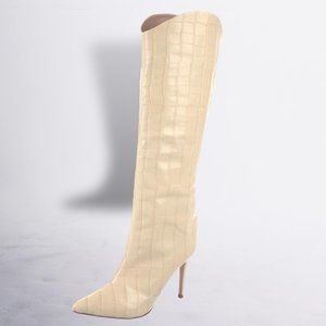 Schutz Maryana Crocodile-Embossed Women's Leather Ivory Boot Sz 6.5 Like New